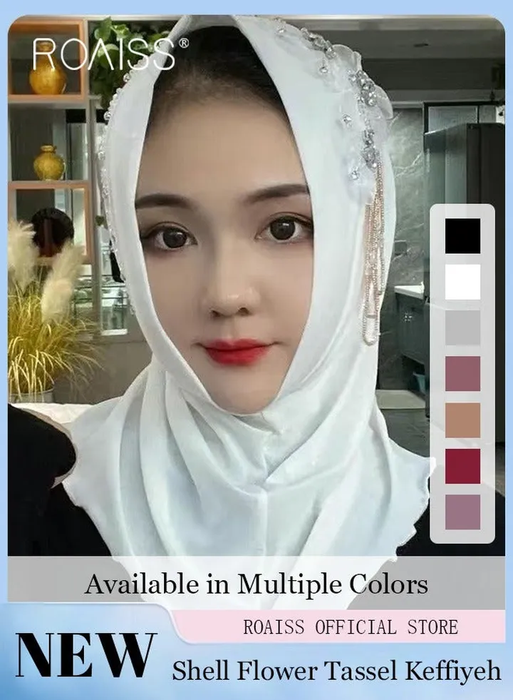 Women Chiffon Hijab Muslim Casual Scarf with Floral Pearl Turban for Ladies Beaded Decoration Versatile All-Season Wearable Traditional Hijab