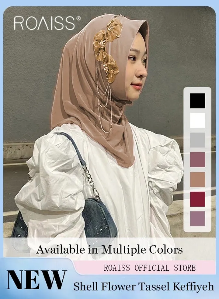 Women Chiffon Hijab Muslim Casual Scarf with Floral Pearl Turban for Ladies Beaded Decoration Versatile All-Season Wearable Traditional Hijab