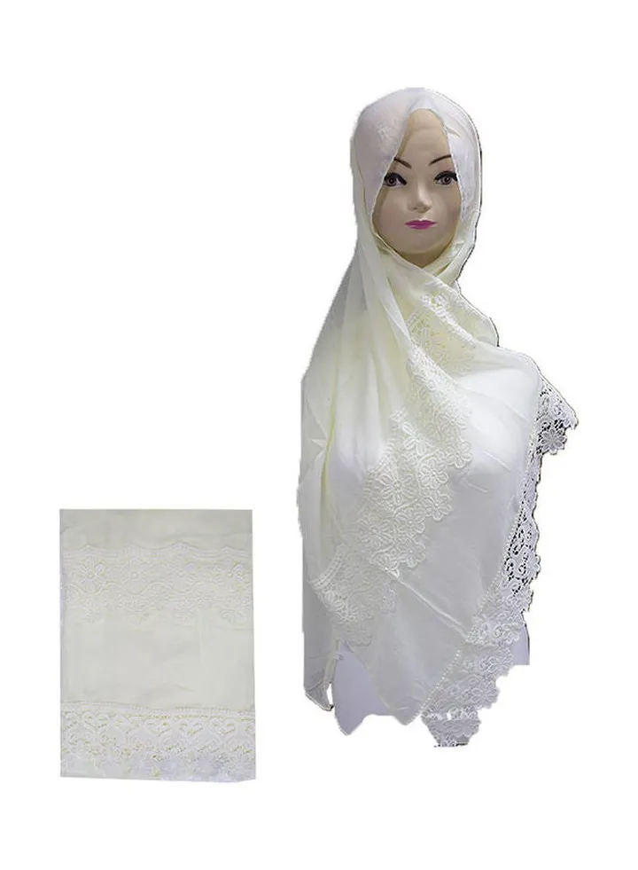 Floral Embroidered Lace Detail Hijab White