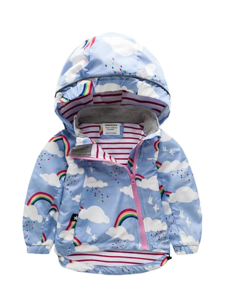 Printed Zipper Hooded Jacket Blue/White