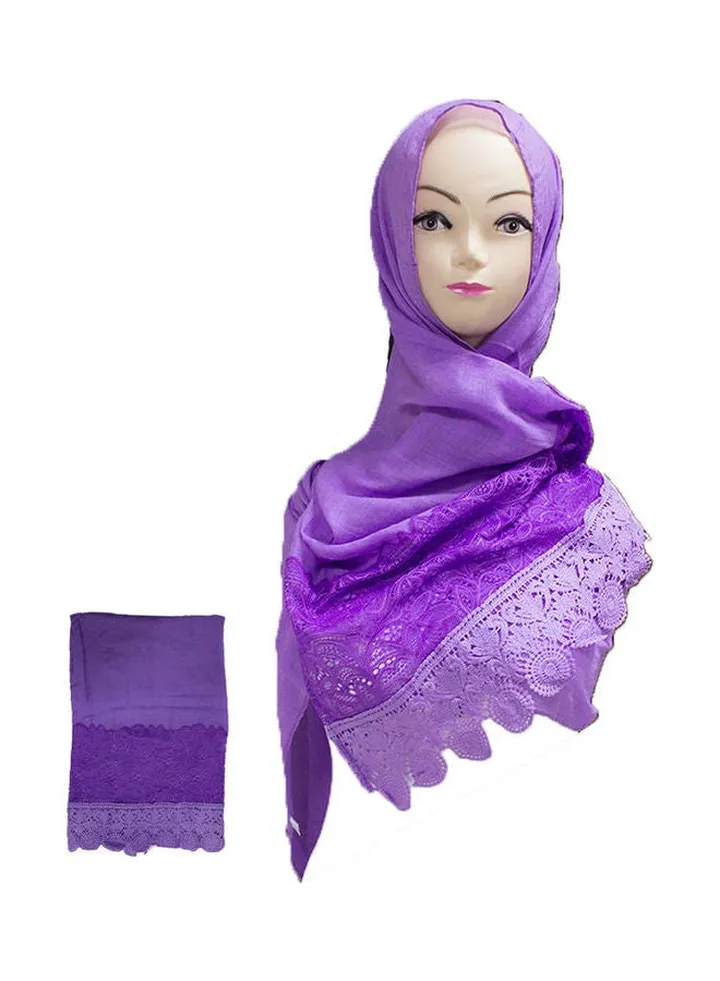 Floral Embroidered Lace Detail Hijab Purple