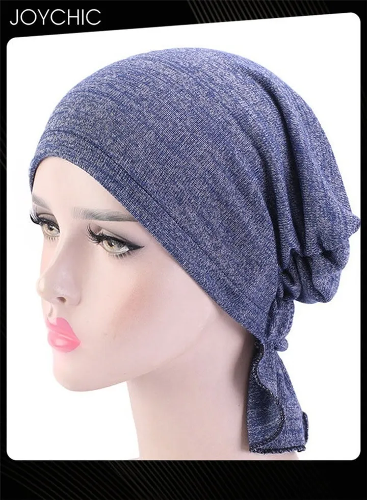 Women Chemo Stretchy Soft Cotton Hat Turban Cap Cover Hair Loss Head Scarf Wrap Pre-Tied Headwear Strech Bandana Navy Blue