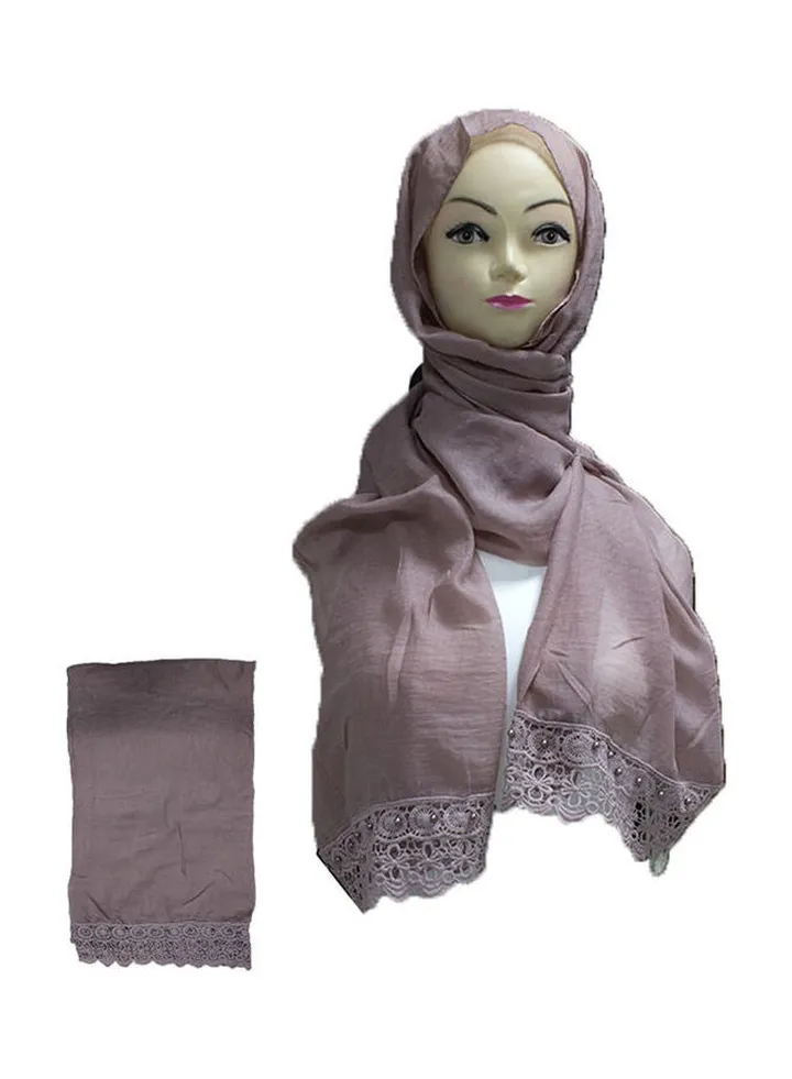 Embroidered Lace Detail Hijab Brown