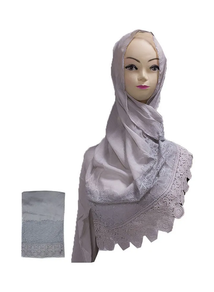 Floral Embroidered Lace Detail Hijab Light Grey