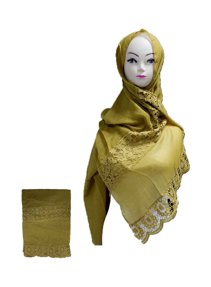 Floral Embroidered Lace Detail Hijab Light Gold