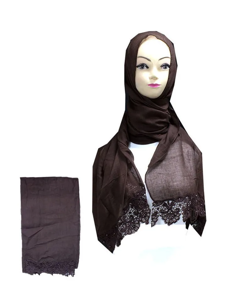 Embroidered Lace Detail Hijab Dark Brown