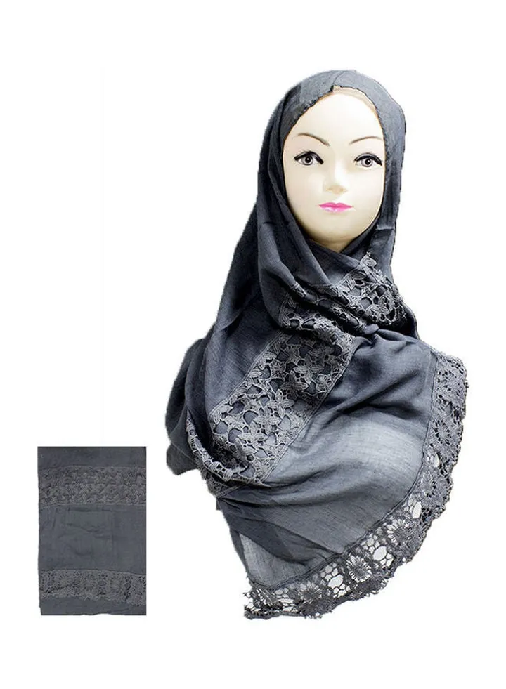 Floral Embroidered Lace Detail Hijab Black