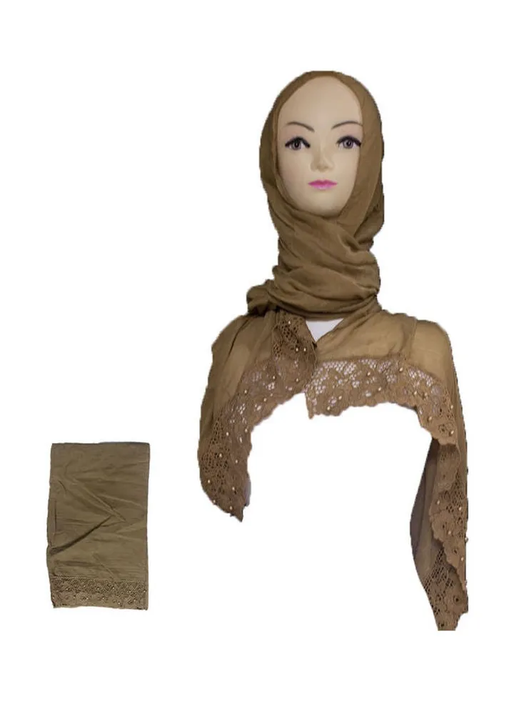 Embroidered Lace Detail Hijab Light Brown