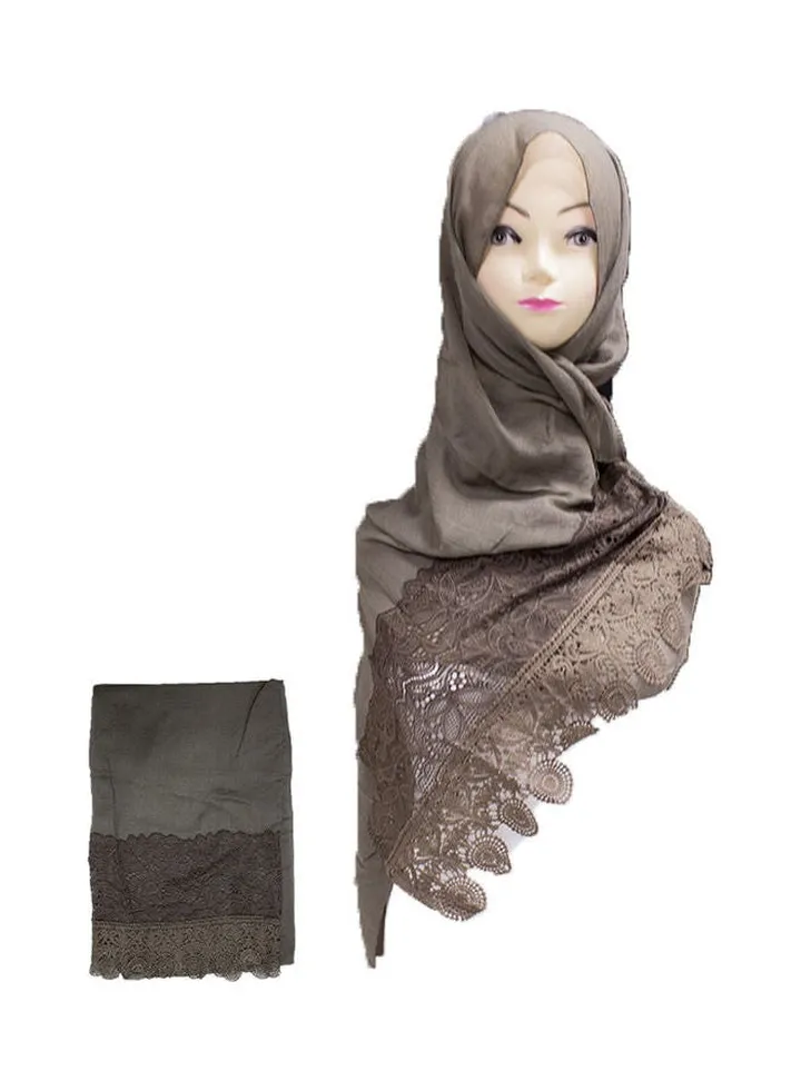 Floral Embroidered Lace Detail Hijab Brown
