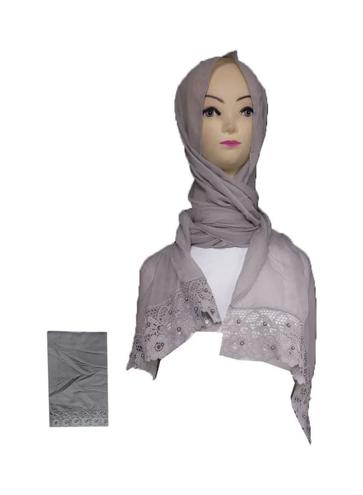 Embroidered Lace Detail Hijab Grey