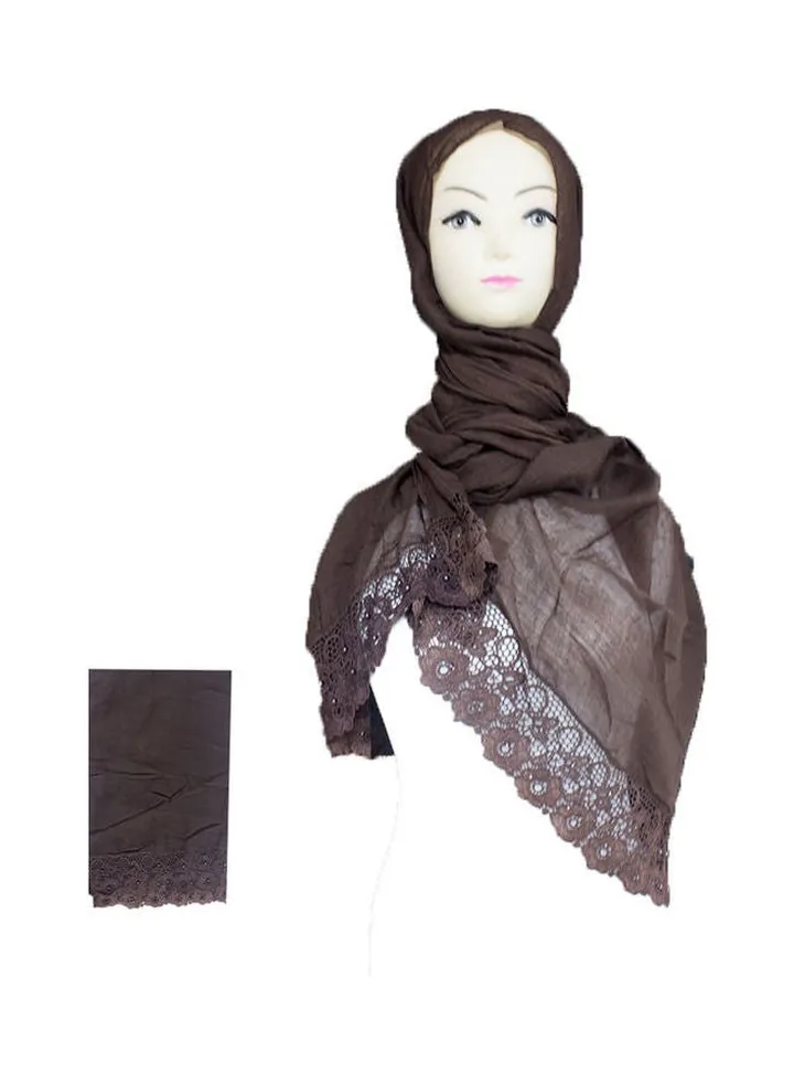 Embroidered Lace Detail Hijab Dark Brown