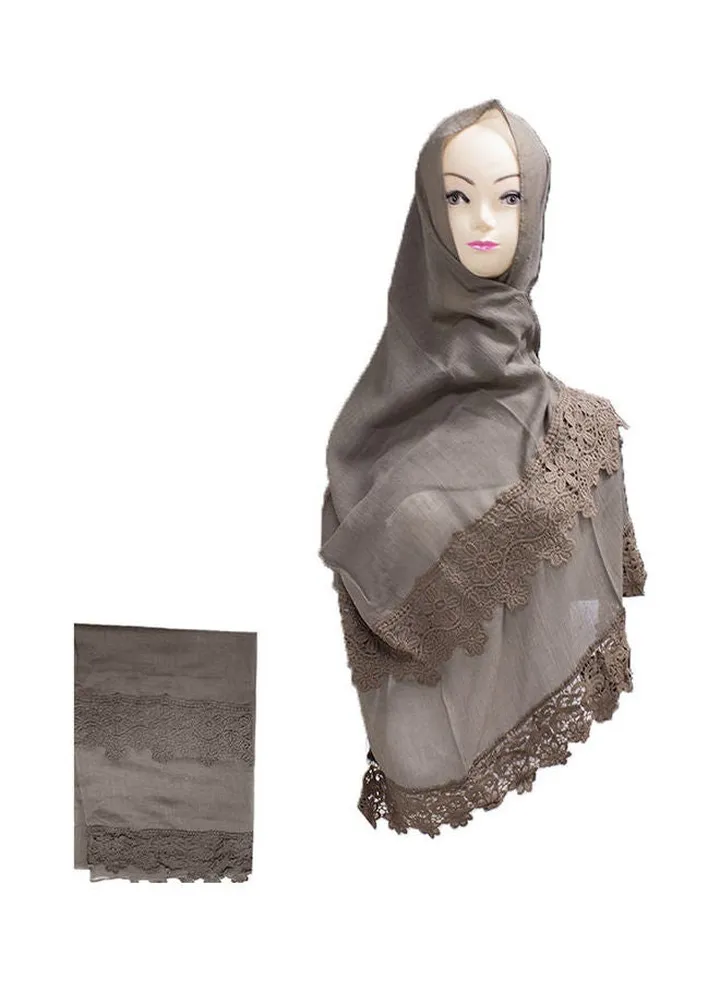 Floral Embroidered Lace Detail Hijab Brown