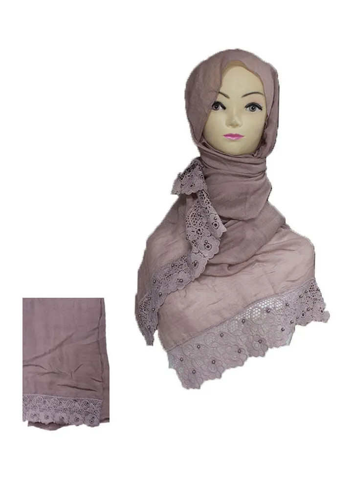 Embroidered Lace Detail Hijab Light Brown