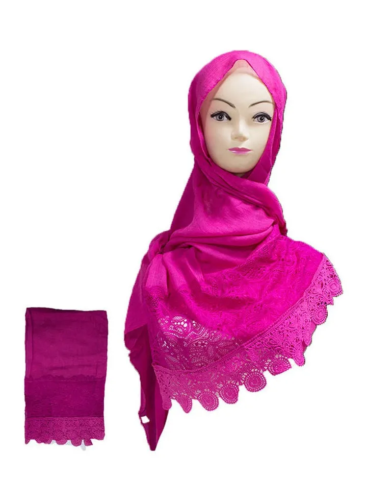 Floral Embroidered Lace Detail Hijab Pink