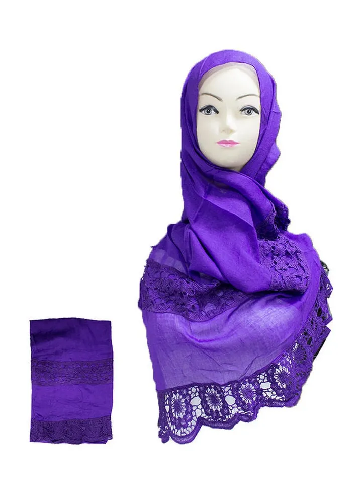 Floral Embroidered Lace Detail Hijab Purple