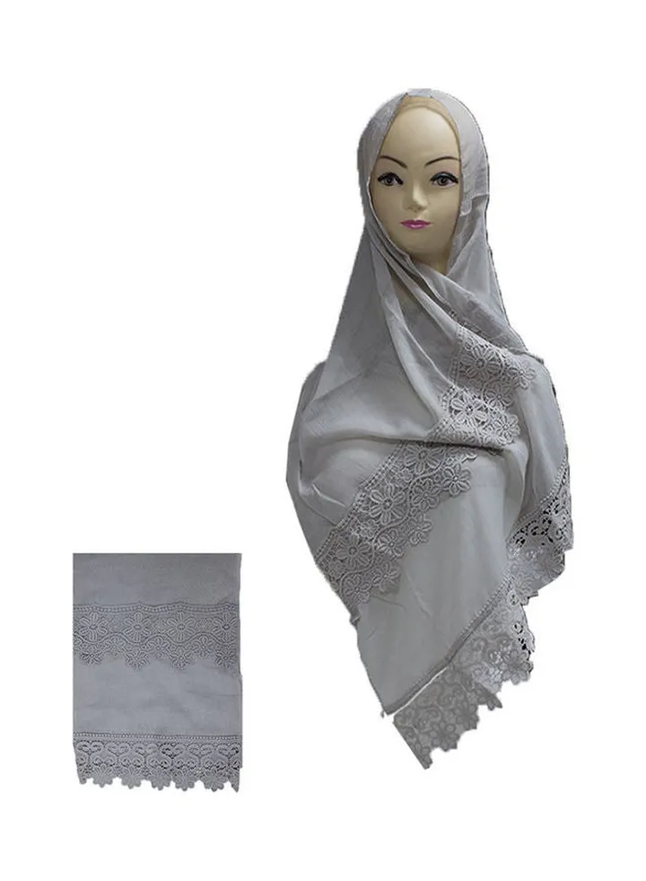 Floral Embroidered Lace Detail Hijab Light Grey