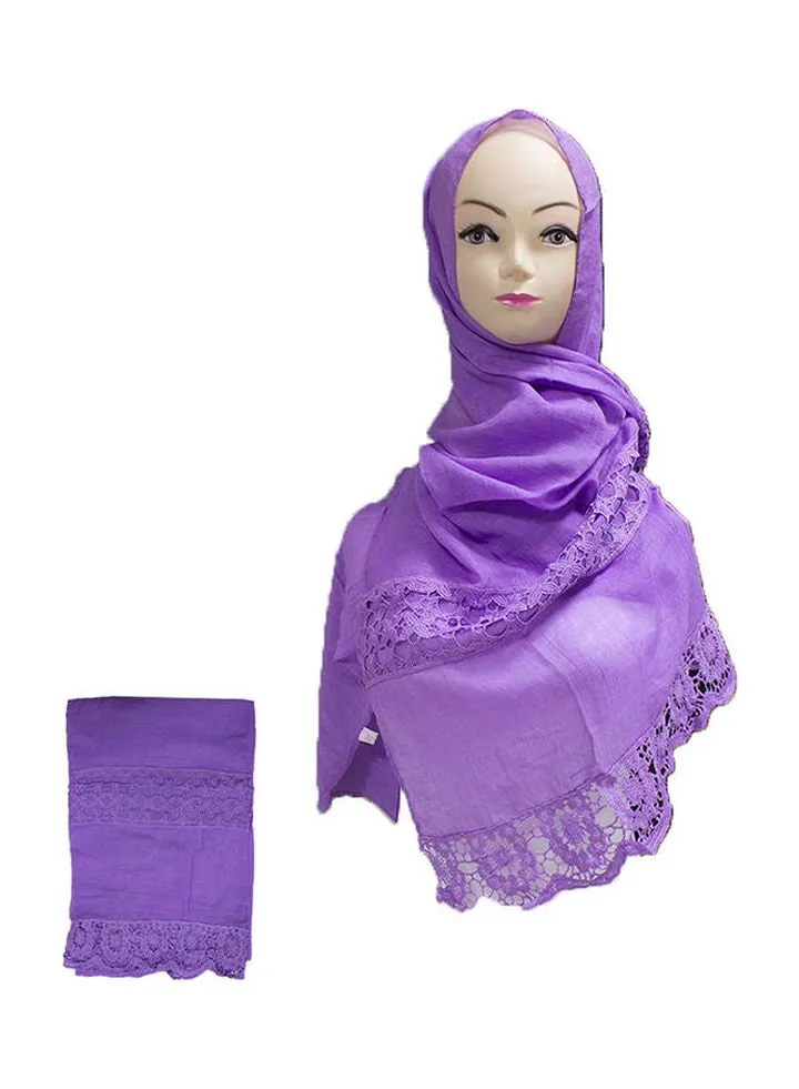 Floral Embroidered Lace Detail Hijab Purple