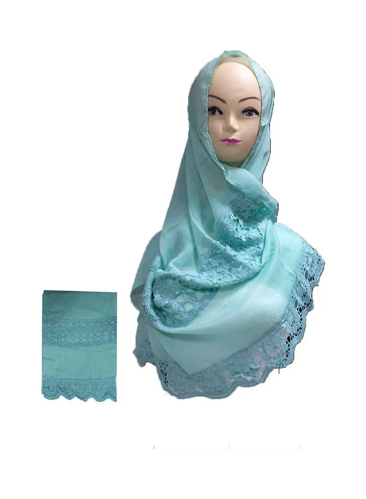 Floral Embroidered Lace Detail Hijab Light Blue