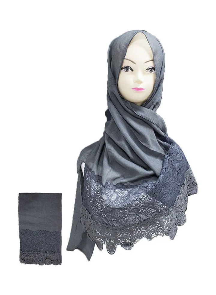 Floral Embroidered Lace Detail Hijab Black