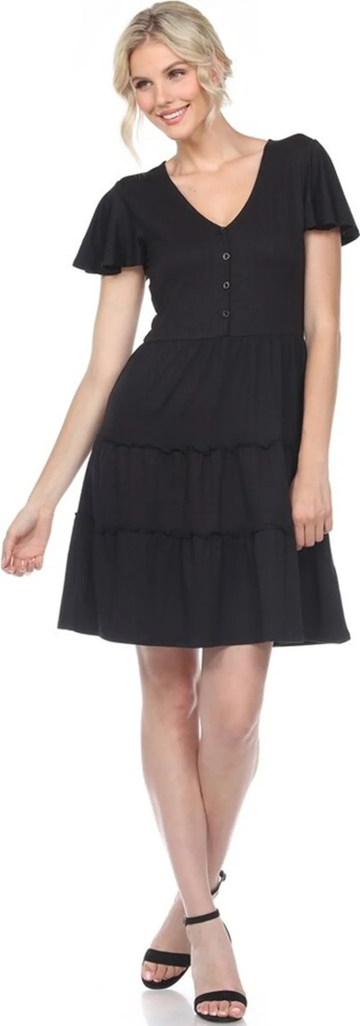 Short Sleeve V-neck Tiered Dress Black Medium - White Mark