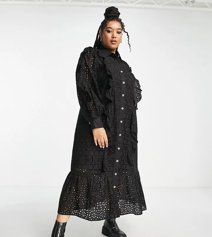 Reclaimed Vintage plus inspired eyelet midi smock shirt dress in black
