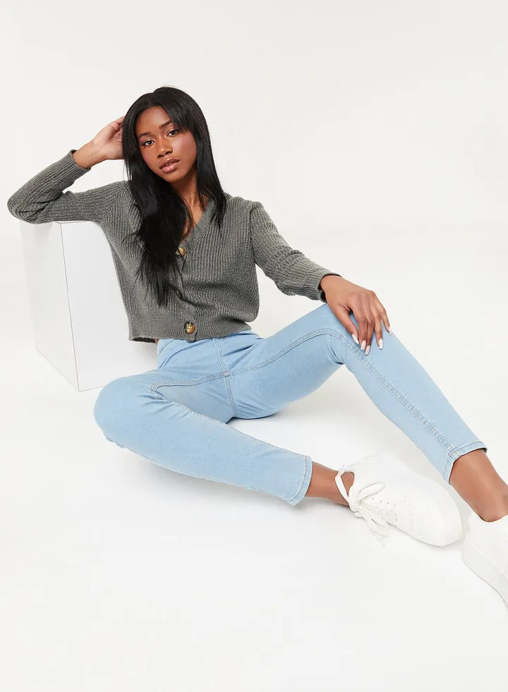 Button Closure High Waist Jeggings Blue