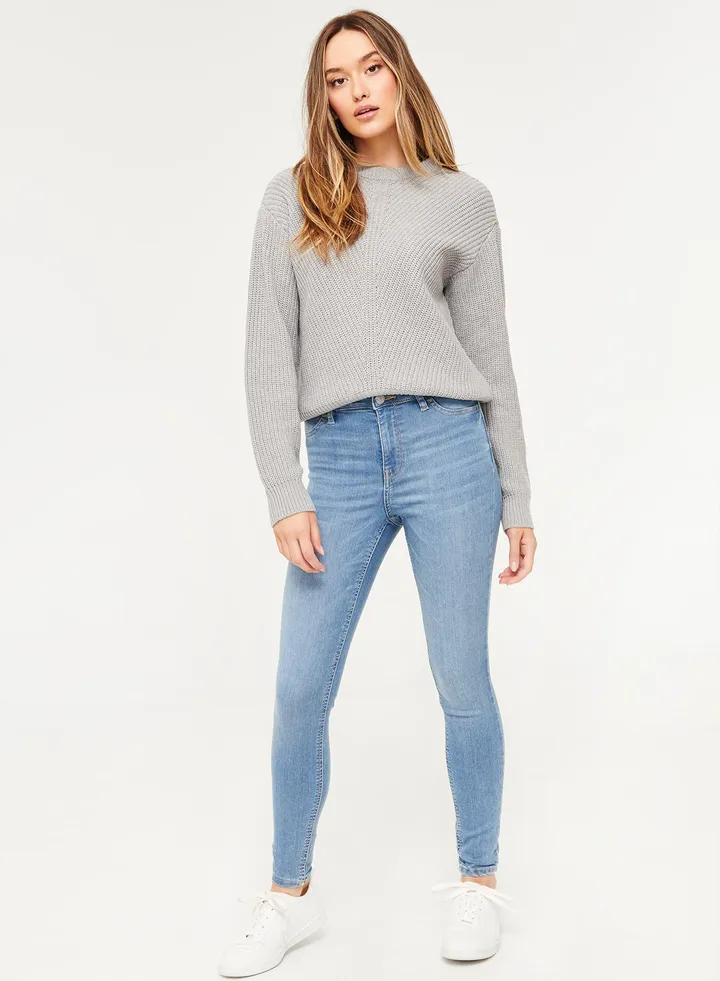 Button Closure High Waist Jeggings Blue