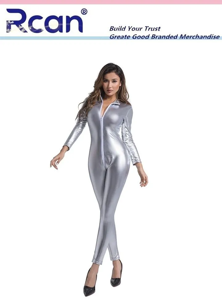 Ladies PU Leather Turtleneck Bodysuit Shiny Front Zipper Long Sleeve Cat Style Suit for Dance Wear Nightclub Party for Women
