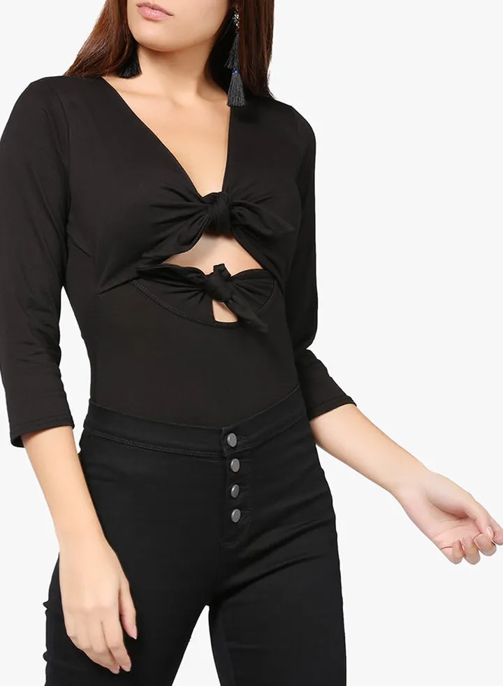 Double Bow Three-Quarter Sleeve Bodysuit Black