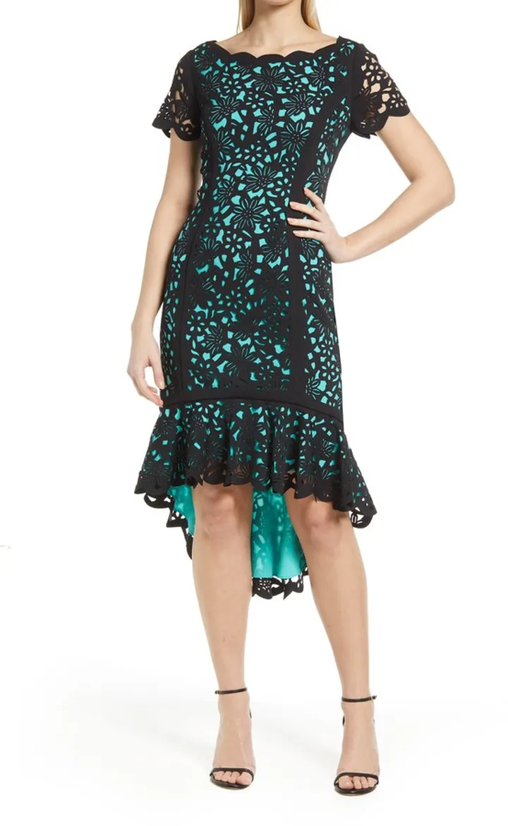 Laser Cut Floral High-Low Cocktail Dress