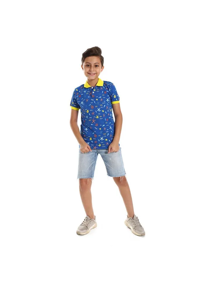 Short Sleeves Sea Creatures Polo Shirt-Blue & Yellow 