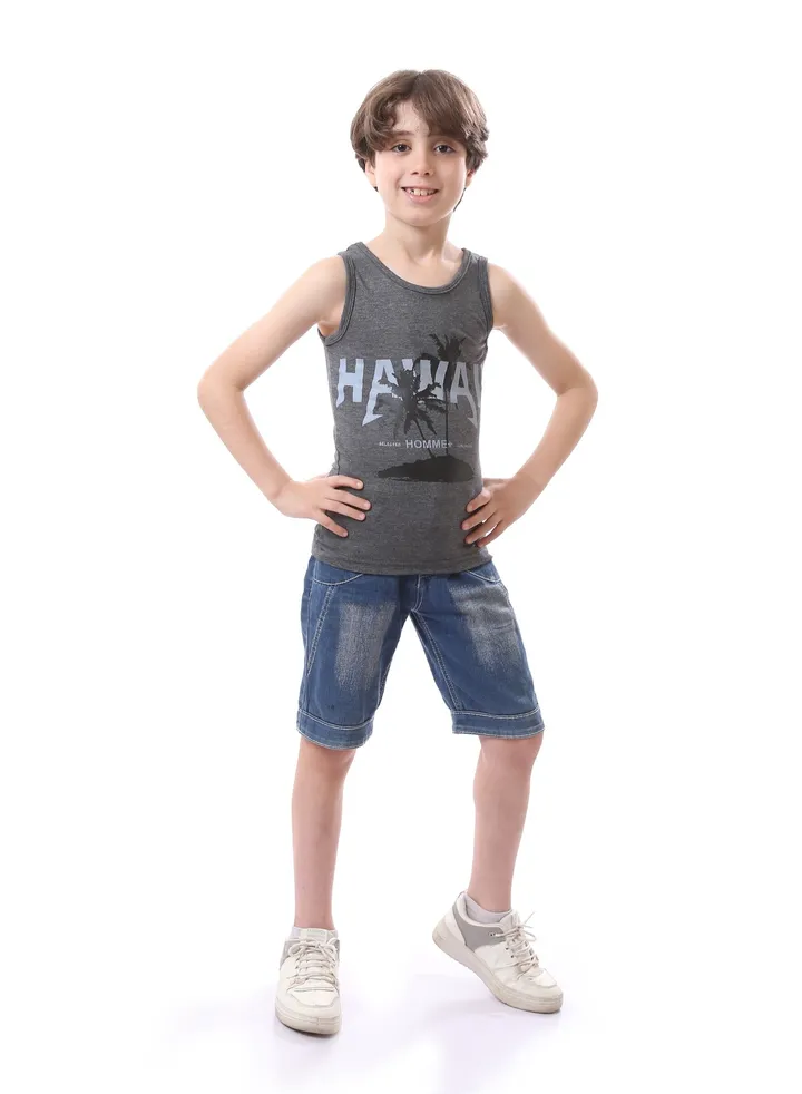 Heather Grey Sleeveless Boys Cotton Shirt - Heather Grey & Black