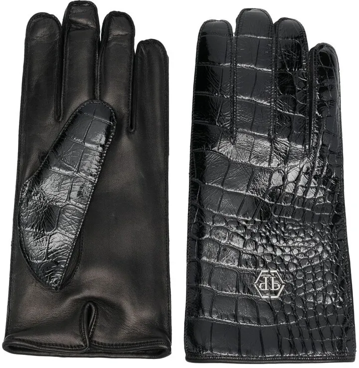 Crocodile-Effect Leather Gloves