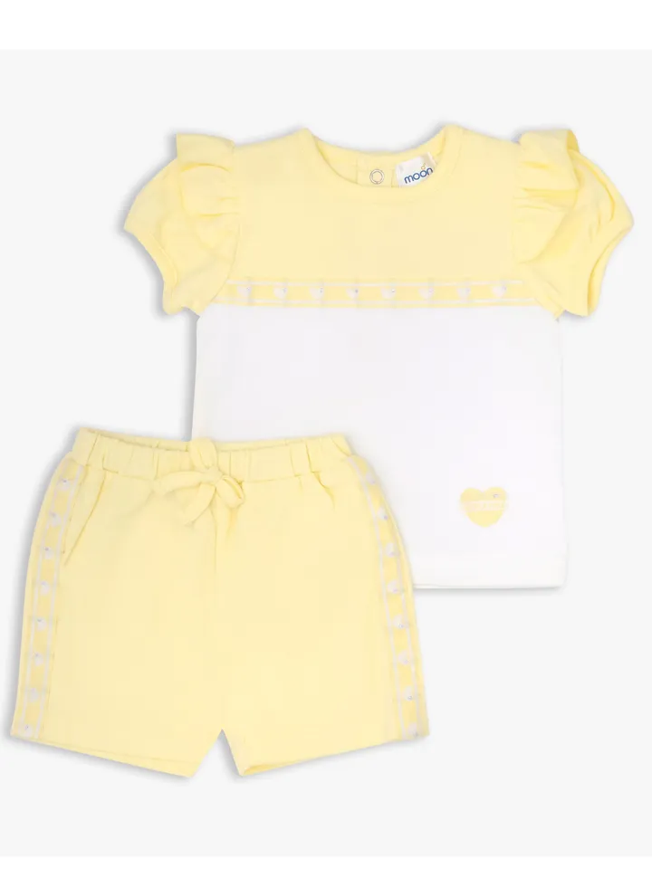 MOON 100% Cotton Short-Sleeved Top & Shorts 0-3M Yellow - Lemon Hearts