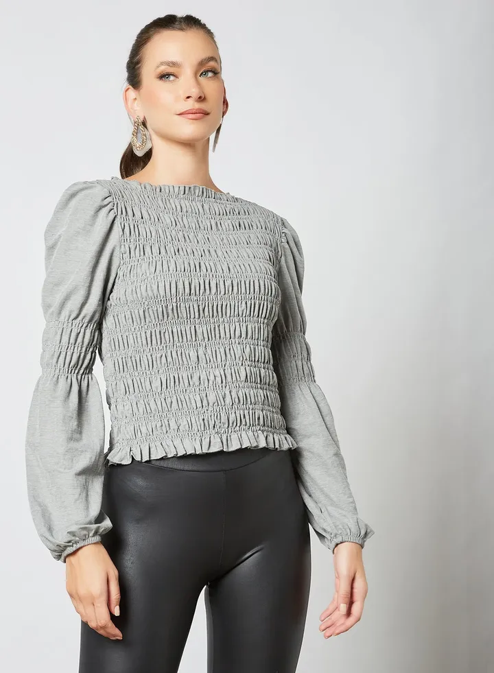 Shirred Long Sleeve Top Grey