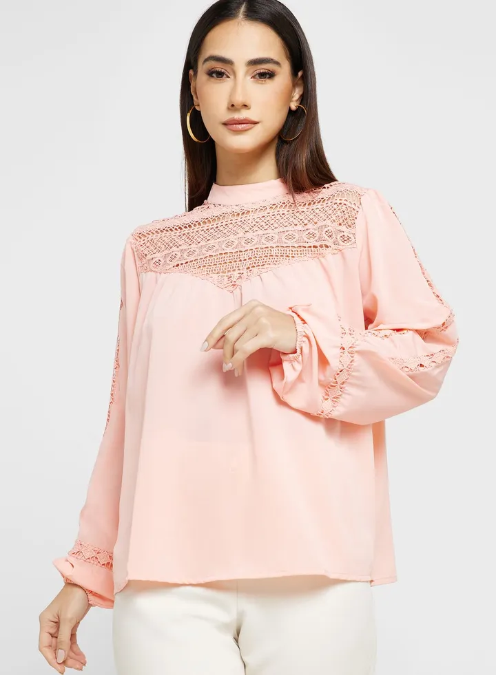 Lace Trim Puff Sleeve Top