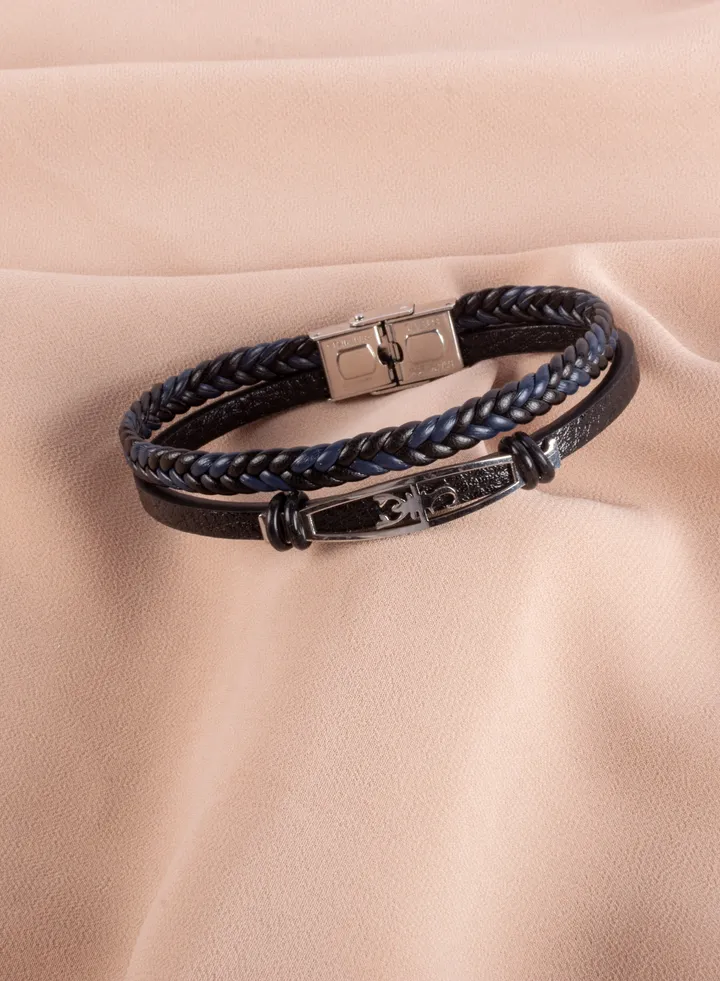 2 Layered Stainless Steel & Black/Blue Leather Bracelet For Men Scorpion