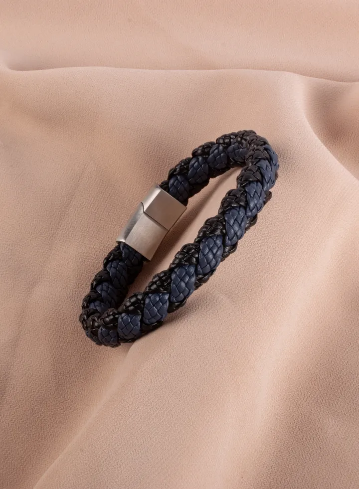 Stainless Steel Silver & Black/Blue Leather Bracelet For Men