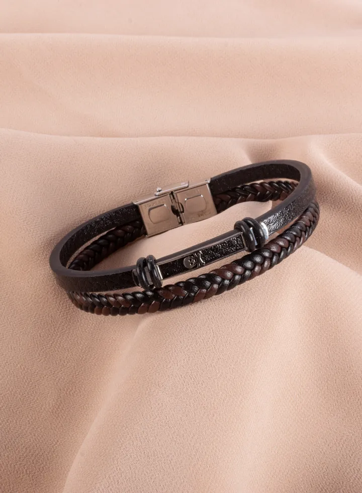 2 Layered Stainless Steel & Black/Brown Leather Bracelet For Men Skull
