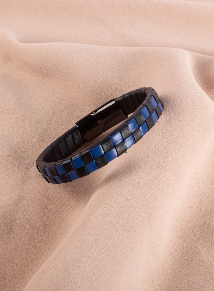 Stainless Steel Black & Black/Blue Leather Bracelet For Men