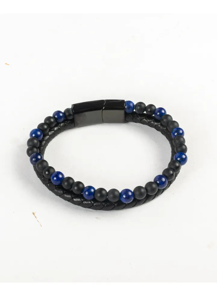 2 Layers Black Blue Leather Stainless Steel Bracelet For Him
