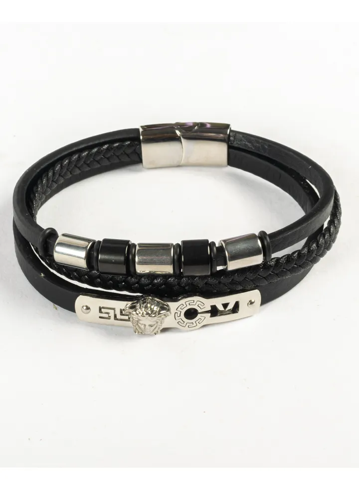 Multi Layers Black Leather & Silver Medousa Stainless Steel Bracelet For Him