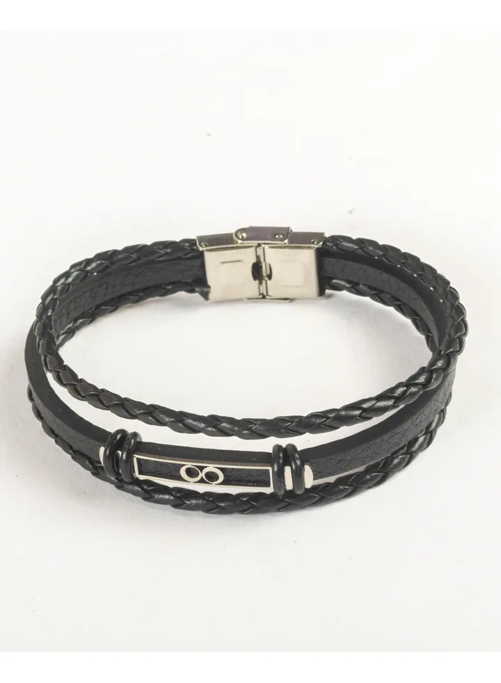 3 Layered Stainless Steel & Black Leather Bracelet For Men Infinity
