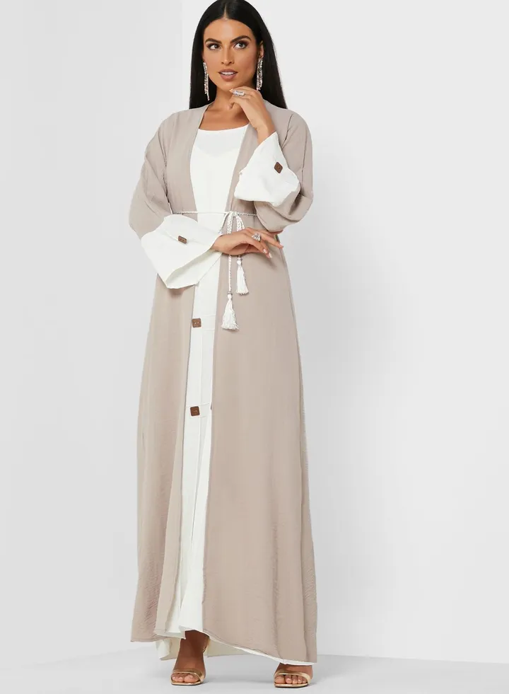 Colourblock Abaya Beige/White