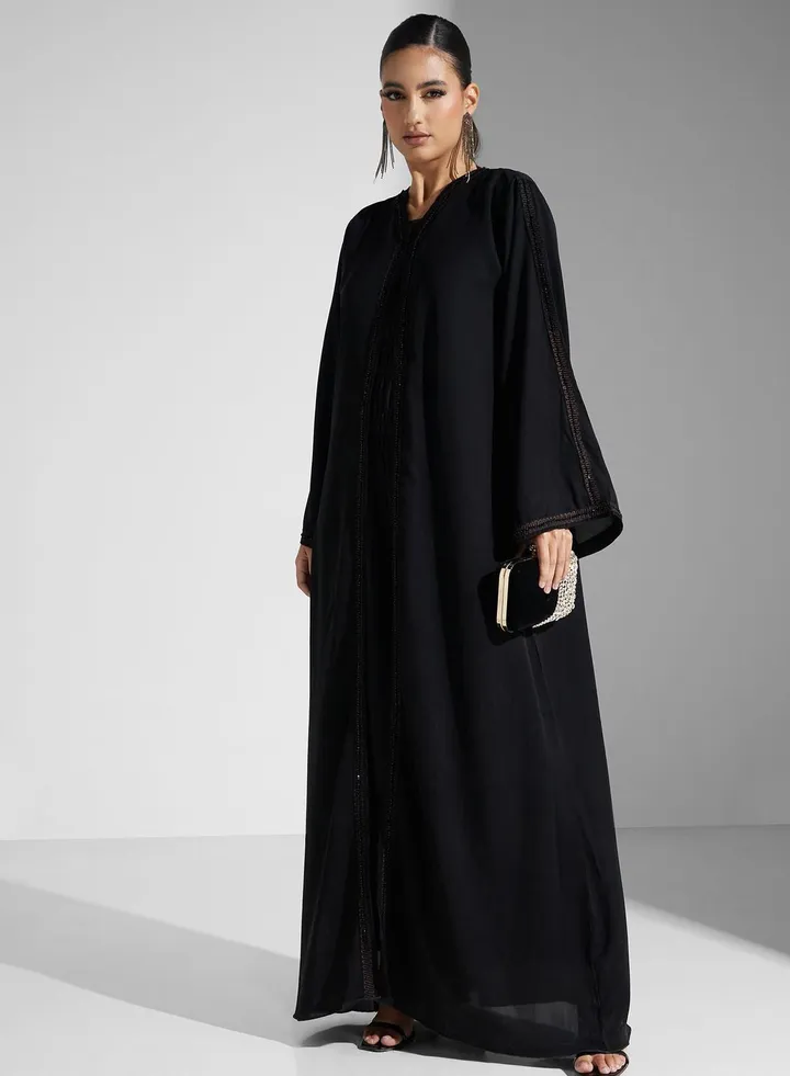 Embellished Flared Sleeve Black Abaya With Sheila