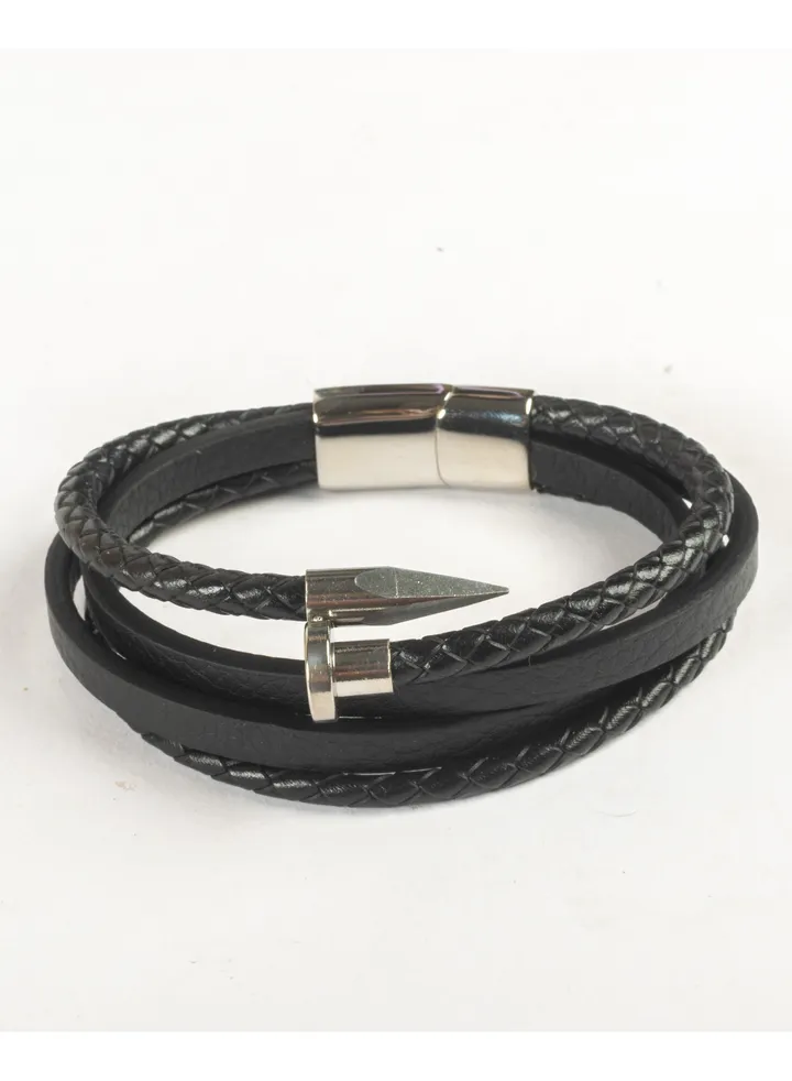 Stainless Steel Leather Bracelet Silver Nail Shape For Him