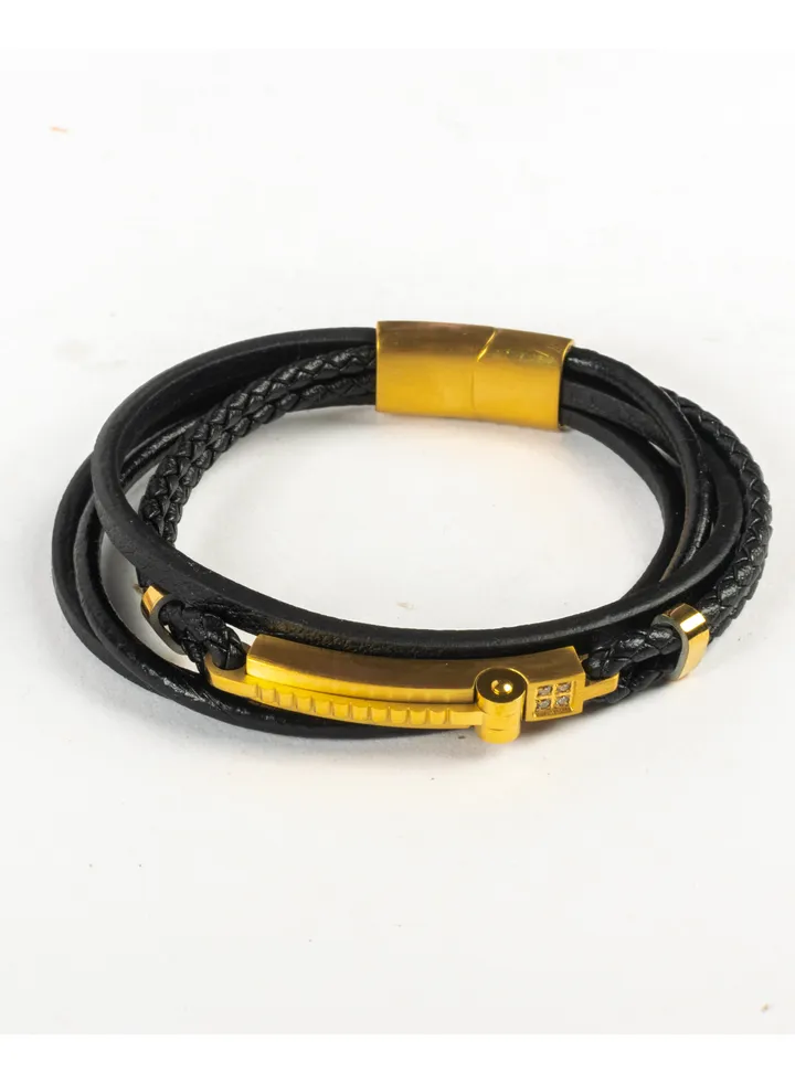 Multi Layers Black Leather & Golden Stainless Steel Bracelet For Him