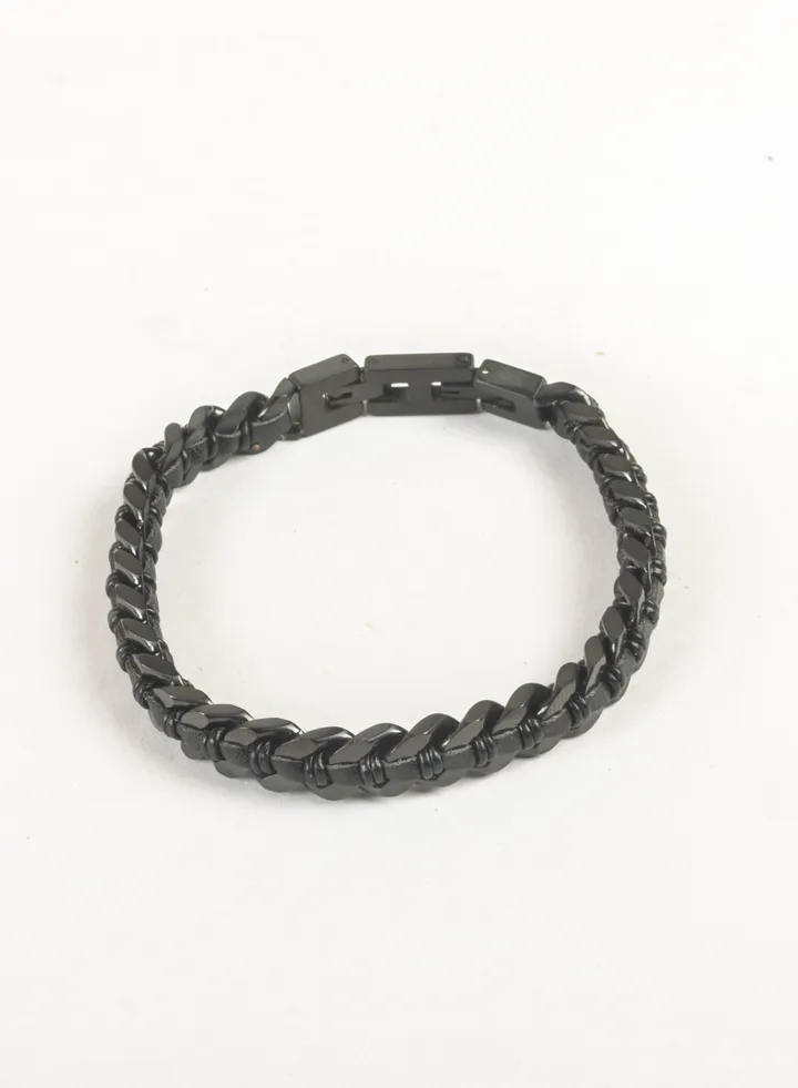 Black Stainless Steel Leather Bracelet For Him