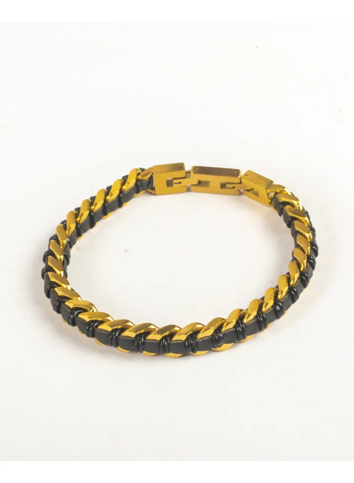 Golden Stainless Steel Leather Bracelet For Him