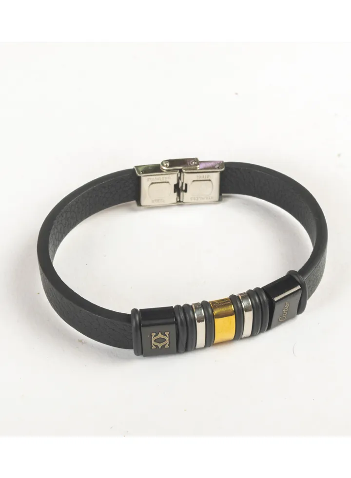 Stainless Steel & Leather Gold Bracelet For Him
